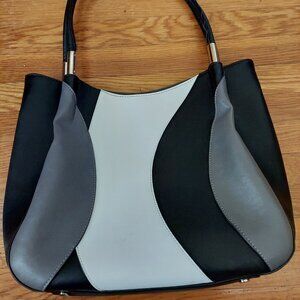 Alfani Black, White, Gray Faux Leather Satchel Handbag w/ Footed Bottom